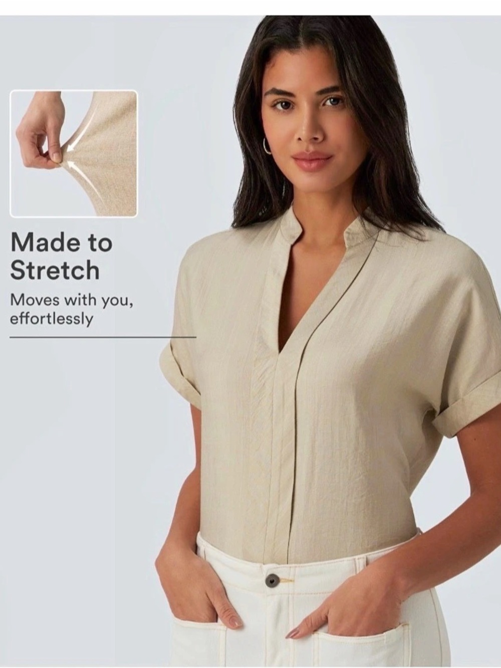 V-Neck Short Sleeve Linen-Feel Shirt